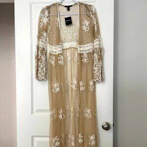 Womens Size Small Nude Illusion Lace Embroidered Kimono Coverup Maxi BNWT